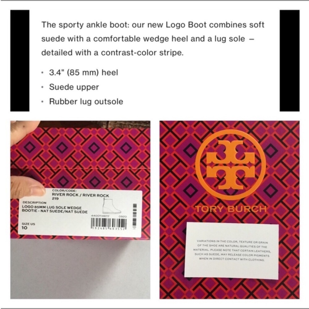 TORY BURCH NEW SPORTY ANKLE LOGO LUG SOLE WEDGE BOOTIE-SUEDE-COLOR RIVER ROCK - Picture 14 of 16